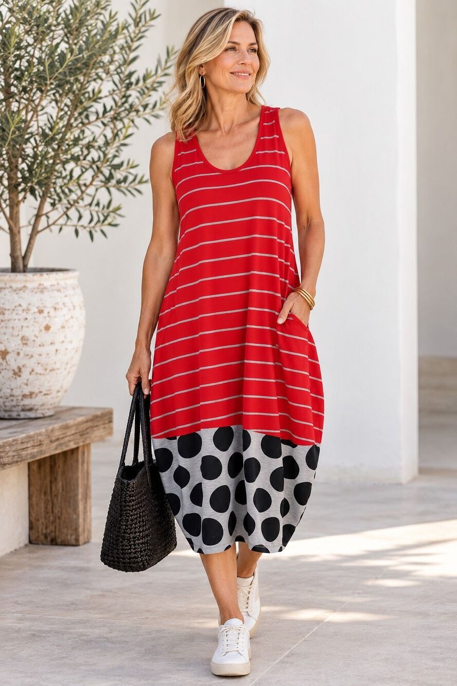 Alembika Size 3 Large Red Striped Polka Dot Cocoon Midi Dress Pockets Made Israe